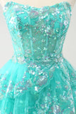 Leuke Glitter Groene A Line Strapless Lovertjes Gelaagd Korset Homecoming Jurk