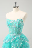 Leuke Glitter Groene A Line Strapless Lovertjes Gelaagd Korset Homecoming Jurk