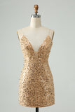 Sprankelende gouden Bodycon Spaghetti Strap korte Homecoming jurk met pailletten