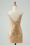 Sprankelende gouden Bodycon Spaghetti Strap korte Homecoming jurk met pailletten