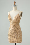 Sprankelende gouden Bodycon Spaghetti Strap korte Homecoming jurk met pailletten