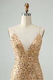 Sprankelende gouden Bodycon Spaghetti Strap korte Homecoming jurk met pailletten