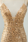 Sprankelende gouden Bodycon Spaghetti Strap korte Homecoming jurk met pailletten