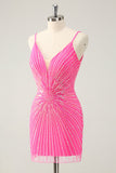 Spaghetti Bandjes Fuchsia Bodycon Homecoming Jurk met pailletten