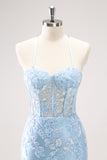 Blauwe Spaghetti Bandjes Corset Applique Strakke Homecoming Jurk met pailletten