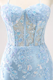 Blauwe Spaghetti Bandjes Corset Applique Strakke Homecoming Jurk met pailletten