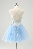 Leuke Glitter Blauwe A Line Pailletten Korte Homecoming Jurk met Appliques