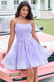 Leuke glitter Lila A Line pailletten korte veter terug Homecoming jurk met Appliques