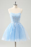 Leuke Glitter Blauwe A Line Pailletten Korte Homecoming Jurk met Appliques