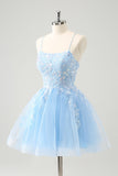 Leuke Glitter Blauwe A Line Pailletten Korte Homecoming Jurk met Appliques