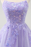 Leuke Glitter Blauwe A Line Pailletten Korte Homecoming Jurk met Appliques