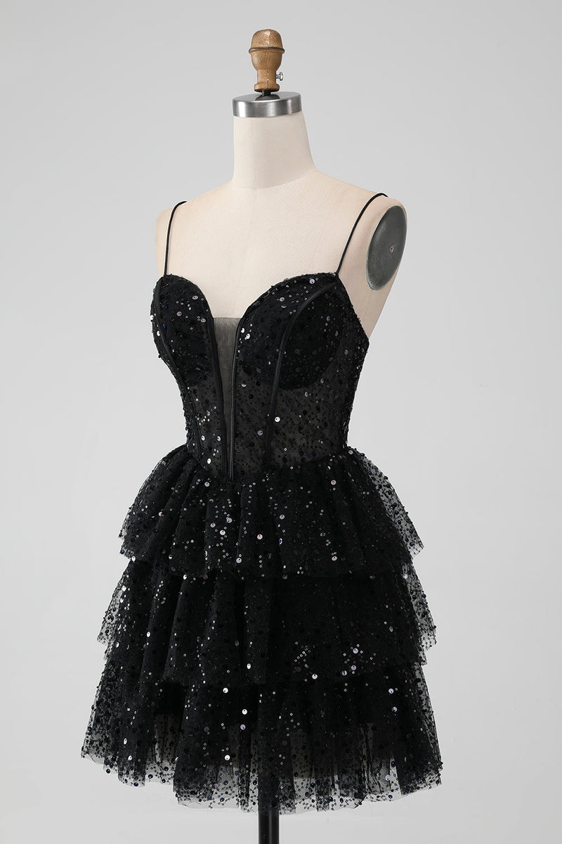 Afbeelding in Gallery-weergave laden, Sprankelende zwarte spaghettibandjes Gelaagde Homecoming-jurk met pailletten