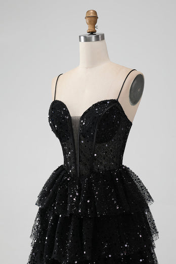 Sprankelende zwarte spaghettibandjes Gelaagde Homecoming-jurk met pailletten