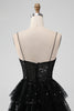 Afbeelding in Gallery-weergave laden, Sprankelende zwarte spaghettibandjes Gelaagde Homecoming-jurk met pailletten