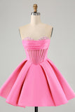 Leuke A Line Sweetheart Corset Fuchsia Homecoming Jurk met Kralen