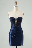 Sprankelende Navy Bodycon Strapless Hollow Out Homecoming Jurk met Kant