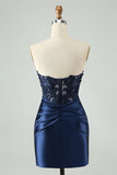 Sprankelende Navy Bodycon Strapless Hollow Out Homecoming Jurk met Kant