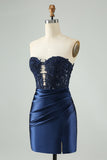 Sprankelende Navy Bodycon Strapless Hollow Out Homecoming Jurk met Kant