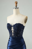 Sprankelende Navy Bodycon Strapless Hollow Out Homecoming Jurk met Kant