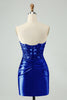 Afbeelding in Gallery-weergave laden, Sprankelende koningsblauwe Bodycon Strapless Hollow Out Homecoming jurk met kant