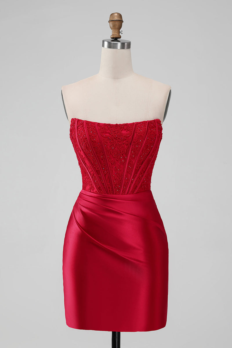 Afbeelding in Gallery-weergave laden, Sparky Red Strapless Bodycon Korte Homecoing Jurk met Kant