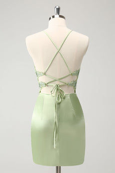Glitter groene spaghettibandjes kralen appliques strak korset Homecoming jurk
