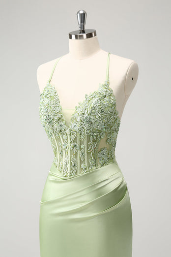 Glitter groene spaghettibandjes kralen appliques strak korset Homecoming jurk