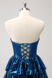 Peacock Blue A Line Strapless Korset Gelaagde Korte Homecoming Jurk