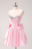 Roze A Line Strapless Korset Kralen Homecoming Jurk met strikken