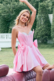 Leuke roze A Line Strapless kralen korset Ruffle Homecoming jurk met strikken