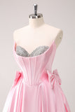 Roze A Line Strapless Korset Kralen Homecoming Jurk met strikken