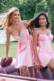 Leuke roze A Line Strapless kralen korset Ruffle Homecoming jurk met strikken