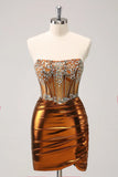 Glitter Kralen Koperen Korset Geplooid Strapless Korte Strakke Homecoming Jurk