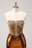 Glitter Kralen Koperen Korset Geplooid Strapless Korte Strakke Homecoming Jurk