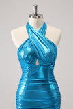 Metallic strakke halter Backless satijnblauwe Homecoming jurk