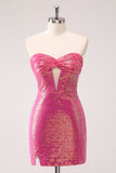 Fuchsia Hollow Out Strapless pailletten Strakke Homecoming Jurk met Split