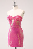 Fuchsia Hollow Out Strapless pailletten Strakke Homecoming Jurk met Split