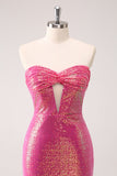 Fuchsia Hollow Out Strapless pailletten Strakke Homecoming Jurk met Split