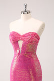 Fuchsia Hollow Out Strapless pailletten Strakke Homecoming Jurk met Split