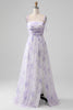 Afbeelding in Gallery-weergave laden, Lavendel bloem A lijn Spaghetti bandjes lange bruidsmeisje jurk met split
