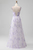 Afbeelding in Gallery-weergave laden, Lavendel bloem A lijn Spaghetti bandjes lange bruidsmeisje jurk met split