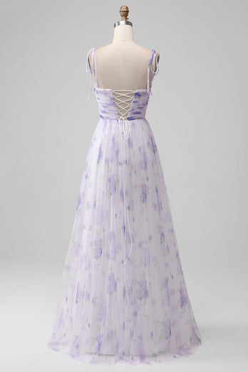 Lavendel bloem A lijn Spaghetti bandjes lange bruidsmeisje jurk met split