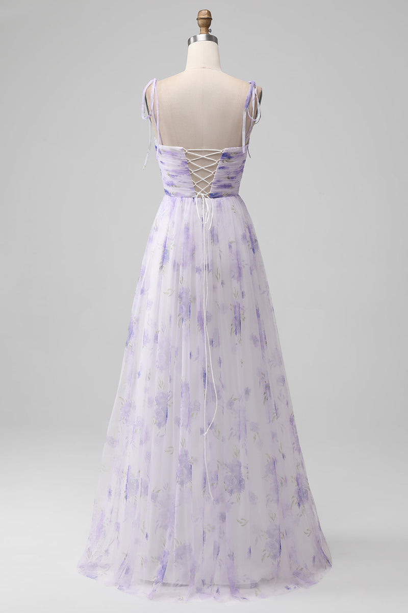 Afbeelding in Gallery-weergave laden, Lavendel bloem Spaghetti bandjes een lijn lange bruidsmeisje jurk met split