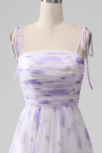 Lavendel bloem Spaghetti bandjes een lijn lange bruidsmeisje jurk met split