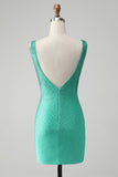 Groene Bodycon V-hals Backless Korte Homecoming Jurk met Kralen