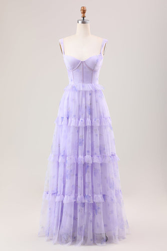 Lavendel A lijn korset spaghettibandjes Floral gelaagde lange bruidsmeisje jurk