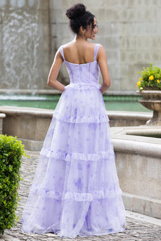 Lavendel A Line korset spaghettibandjes Floral gelaagde bruiloft Party jurk