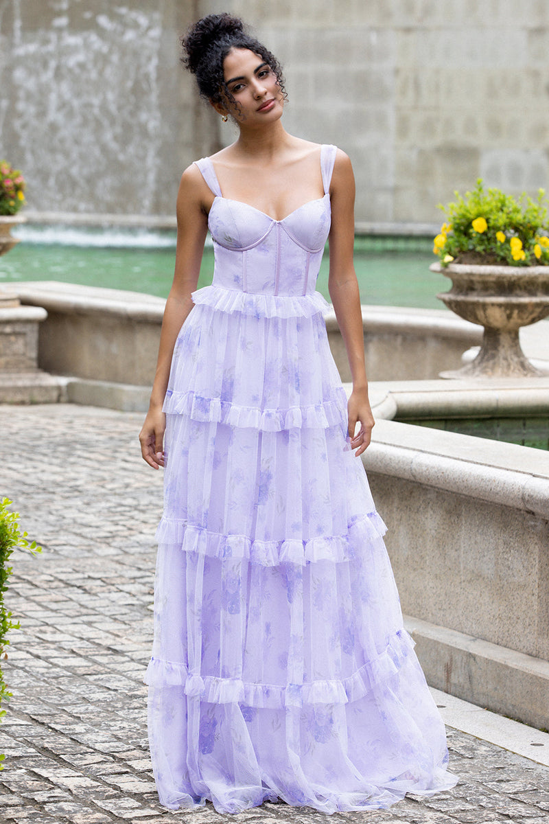 Afbeelding in Gallery-weergave laden, Lavendel A Line korset spaghettibandjes Floral gelaagde bruiloft Party jurk