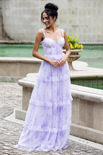 Lavendel A Line korset spaghettibandjes Floral gelaagde bruiloft Party jurk