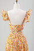 Afbeelding in Gallery-weergave laden, Gele bloem A Line V-hals Print geplooide bruiloft gast jurk met spleet